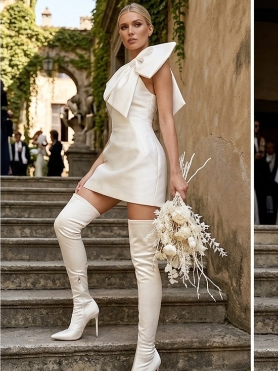 Azalea Wang Shoes - Azalea Wang Berlin Ivory Satin Thigh High Stiletto Pointed Toe Boots Size 7
